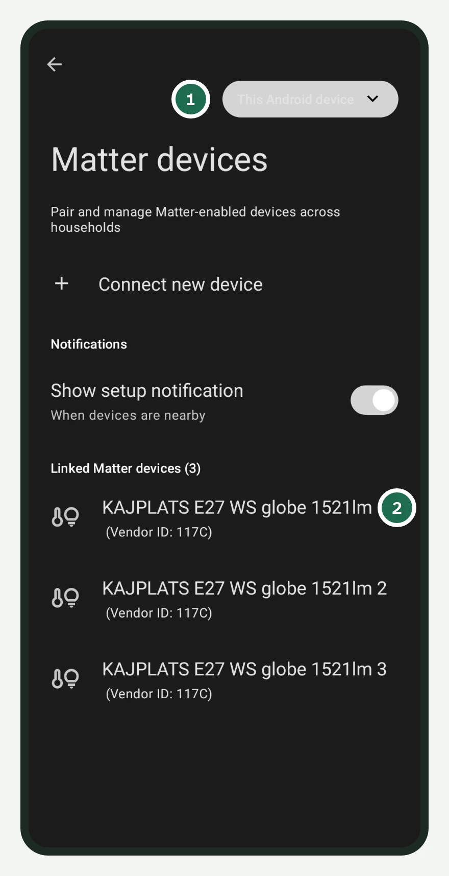 Impostazioni Matter di Android con il menu This Android device e tre voci KAJPLATS rimaste da tentativi precedenti