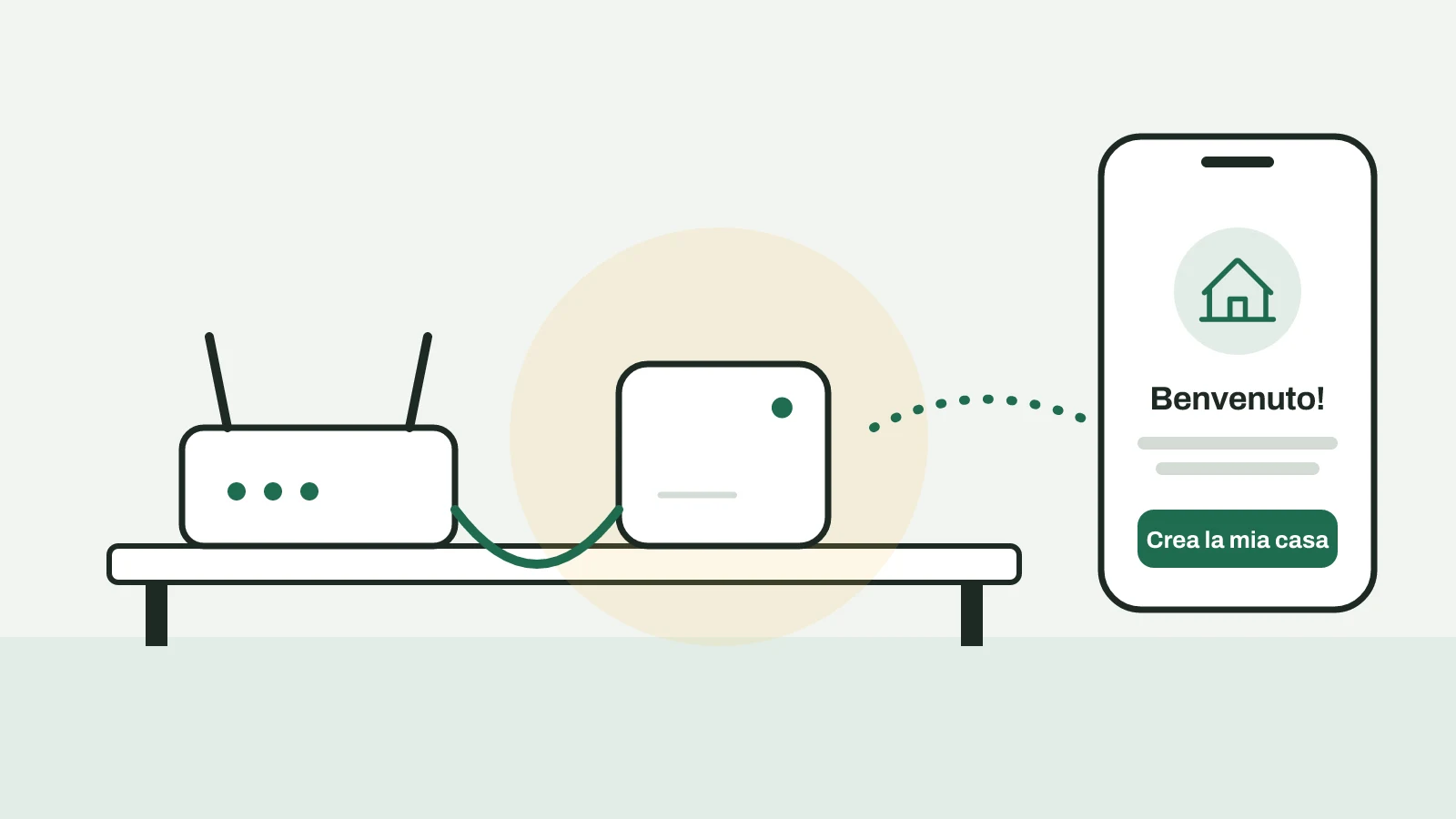 Home Assistant Green su un mobile collegato al router con il cavo di rete, e un telefono con la schermata di benvenuto