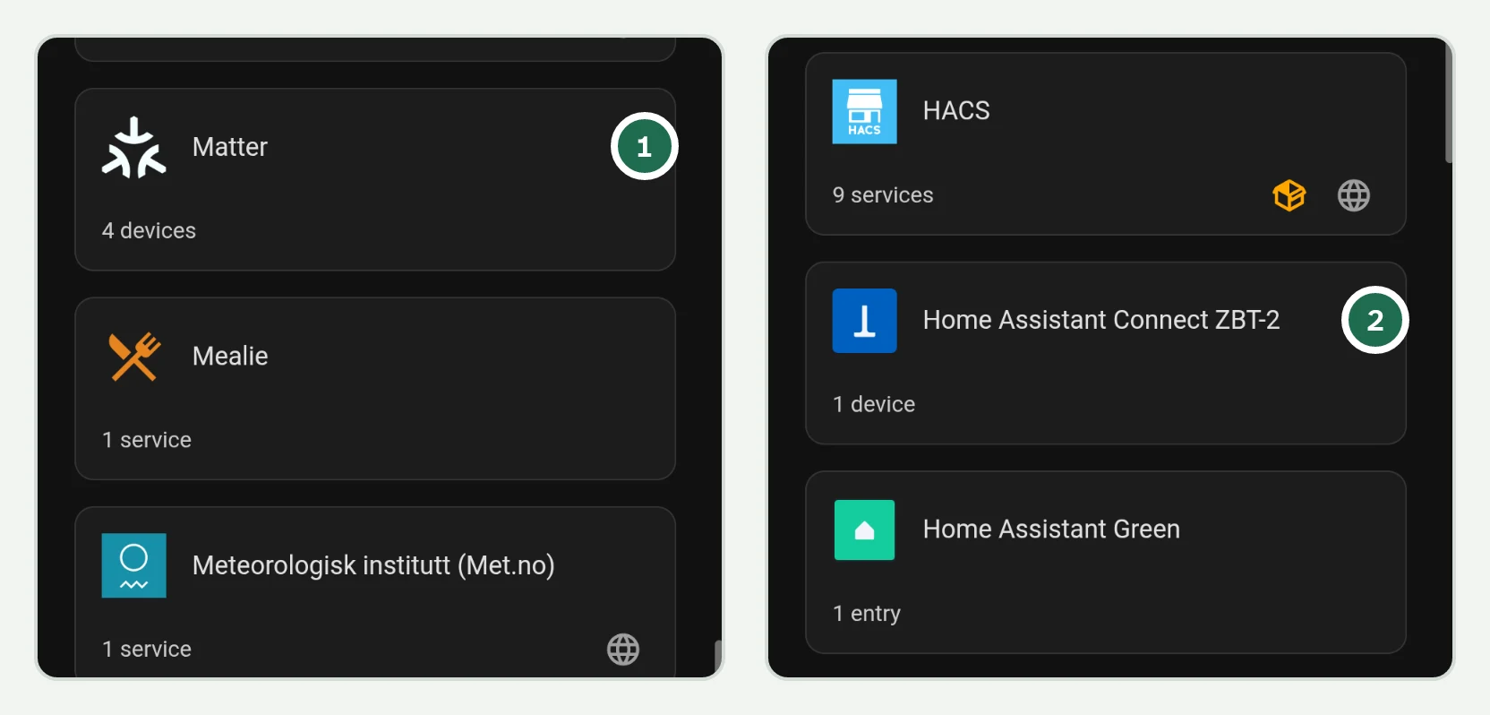 Due ritagli dell'elenco delle integrazioni di Home Assistant: la scheda Matter e la scheda Home Assistant Connect ZBT-2