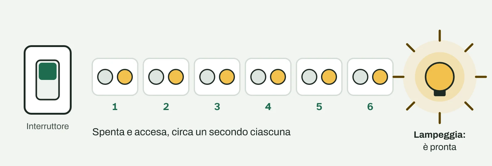 Un interruttore e sei coppie di cerchi, uno spento e uno acceso, numerate da 1 a 6, poi una lampadina che lampeggia