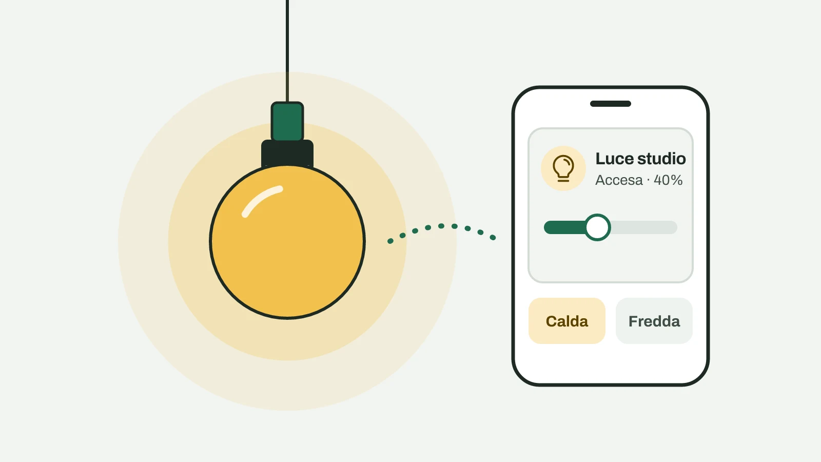 Una lampadina a globo accesa e un telefono con la scheda Luce studio accesa al 40 per cento