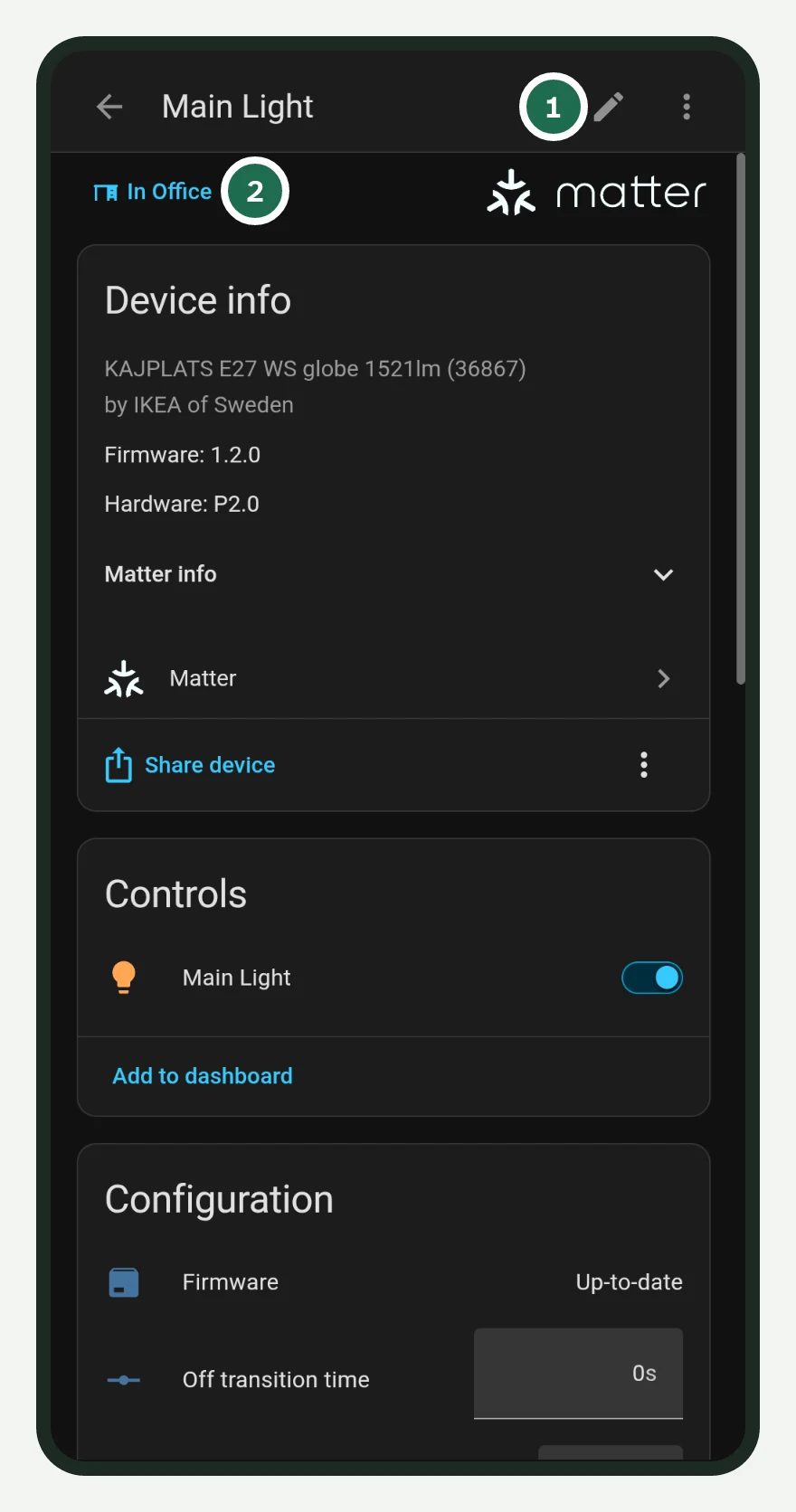 Scheda del dispositivo in Home Assistant con il nome Main Light, la matita per modificarlo e la stanza Office