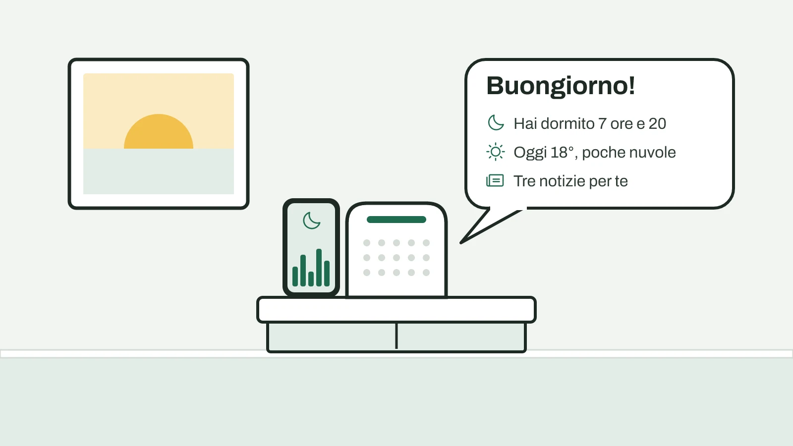 Un altoparlante in cucina che dice Buongiorno con le ore di sonno, il meteo e le notizie