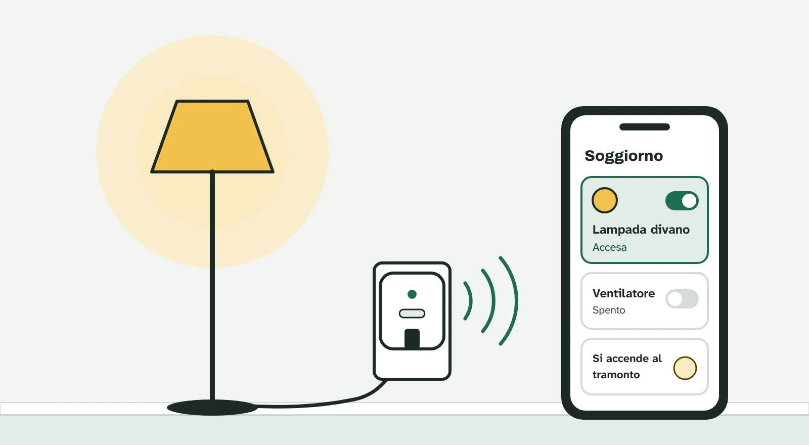 Una lampada da terra accesa collegata a una presa smart, e il telefono con la lampada del divano accesa